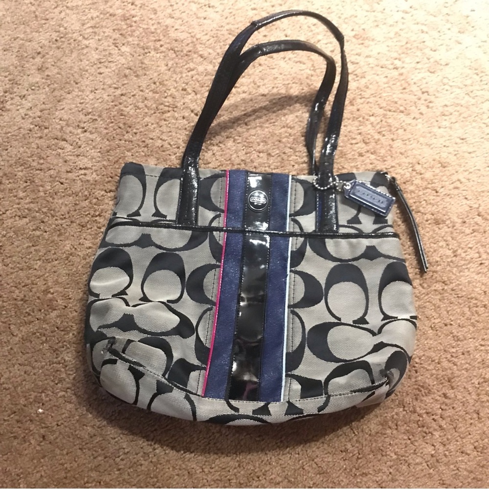 Coach signature stripe Tote Purse Black/navy/silver